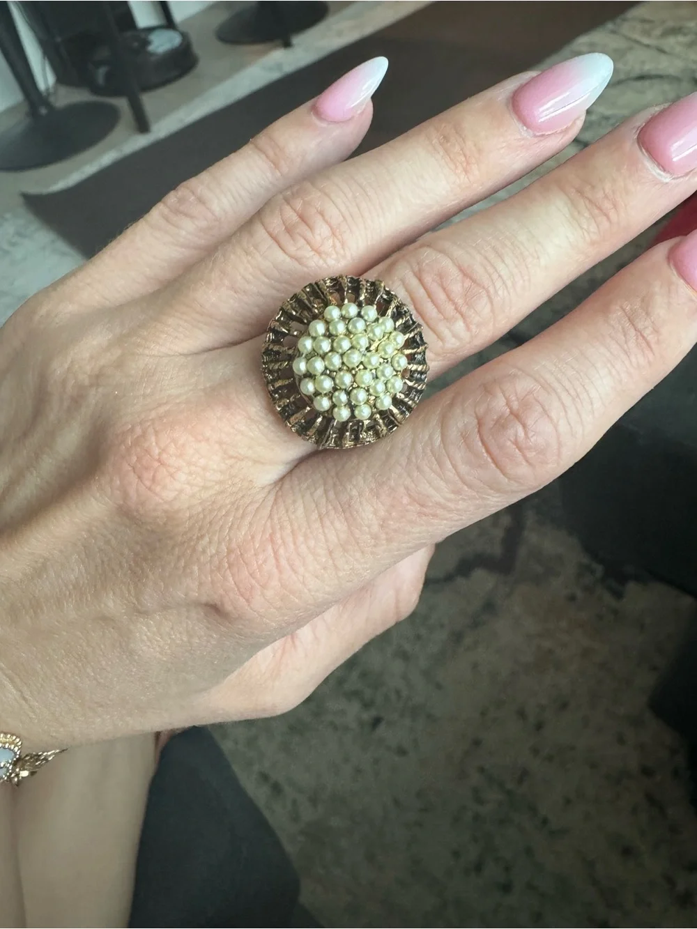 Very pretty white faux pear Gold Floral Engraved Women's Band Ring